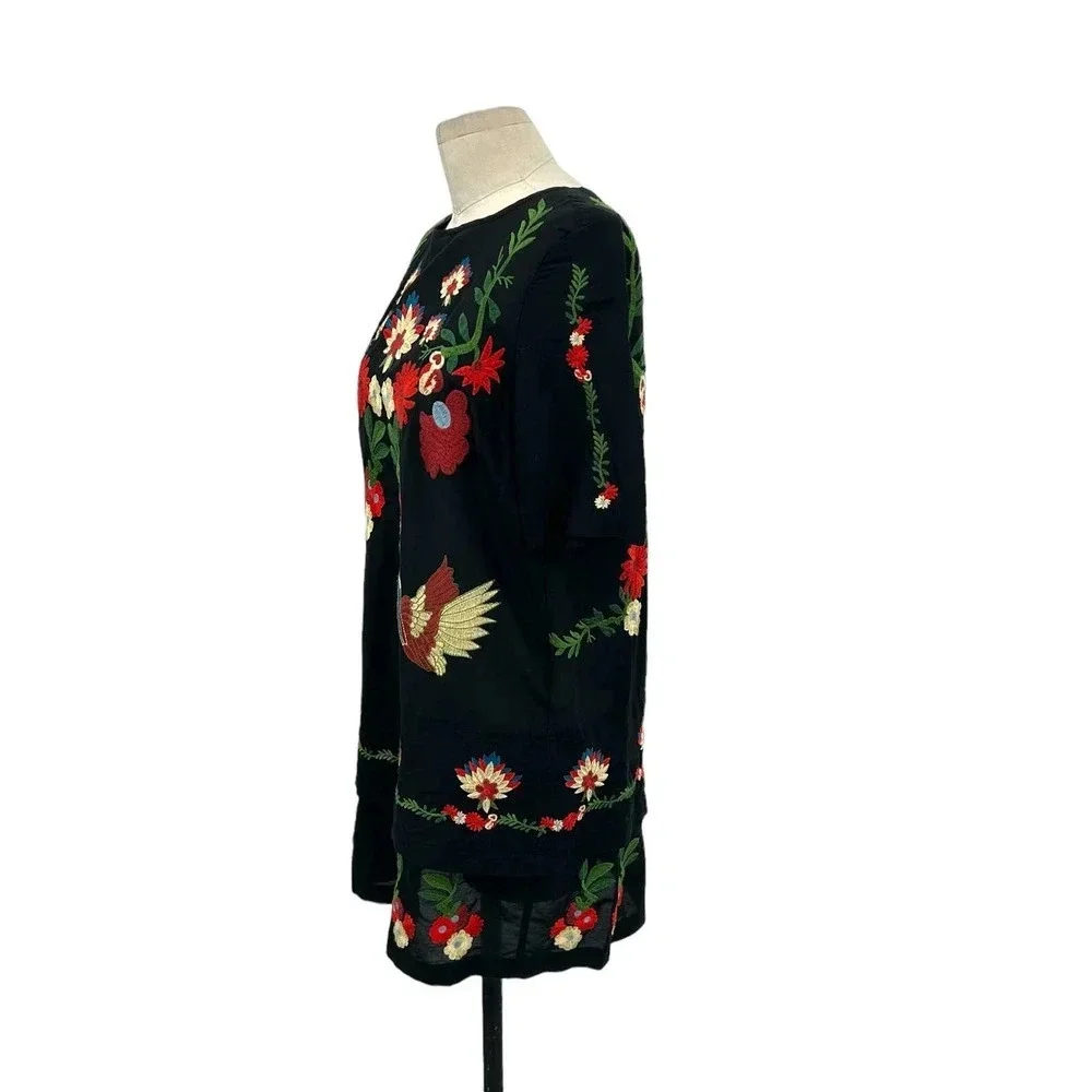 Zara‎ Embroidered Floral Crane Bird Short Black Dress Size XS